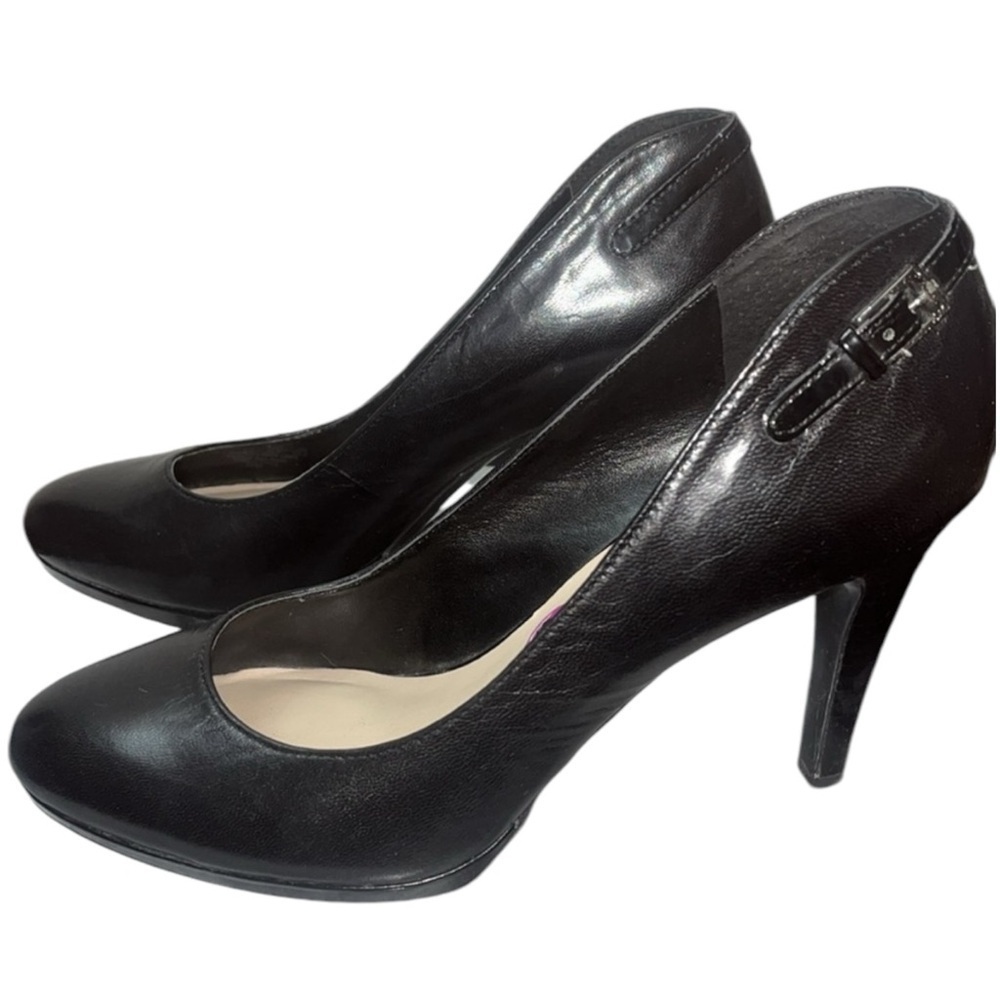 Franco Sarto black leather pumps faux buckle/belt adorned 3.5" heel - Picture 5 of 9